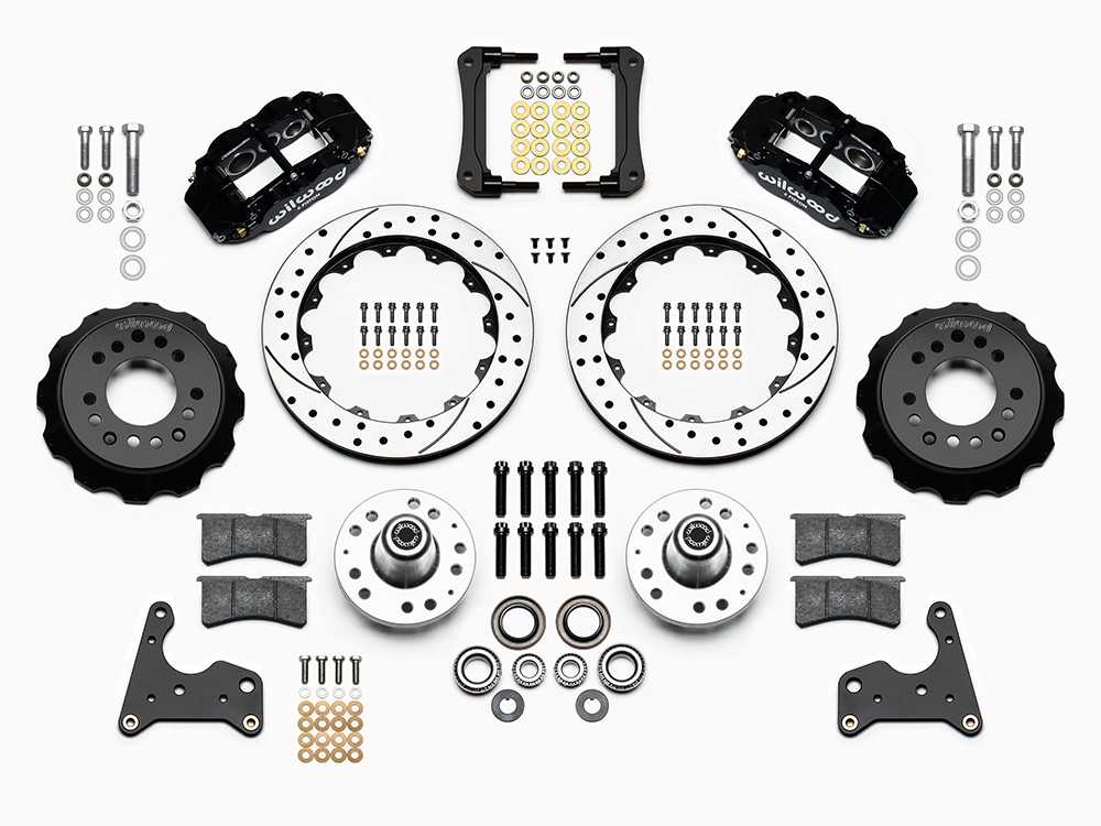 Wilwood Forged Narrow Superlite 6R Big Brake Front Brake Kit (Hub) Parts Laid Out - Black Powder Coat Caliper - SRP Drilled & Slotted Rotor