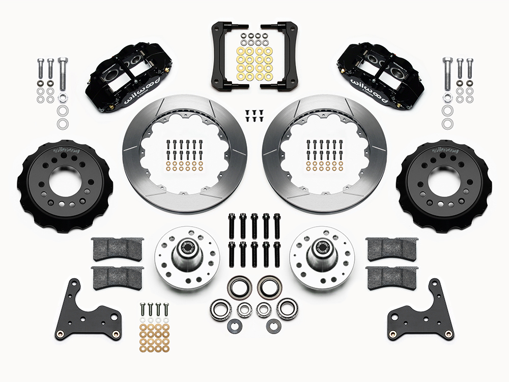 Wilwood Forged Narrow Superlite 6R Big Brake Front Brake Kit (Hub) Parts Laid Out - Black Powder Coat Caliper - GT Slotted Rotor