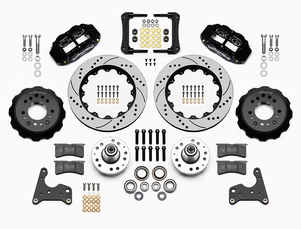 Wilwood Forged Narrow Superlite 6R Big Brake Front Brake Kit (Hub) Parts Laid Out - Black Powder Coat Caliper - SRP Drilled & Slotted Rotor