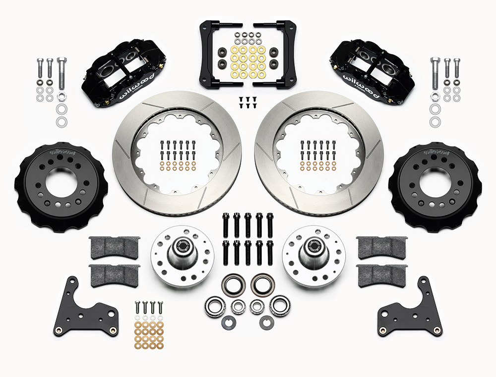 Wilwood Forged Narrow Superlite 6R Big Brake Front Brake Kit (Hub) Parts Laid Out - Black Powder Coat Caliper - GT Slotted Rotor