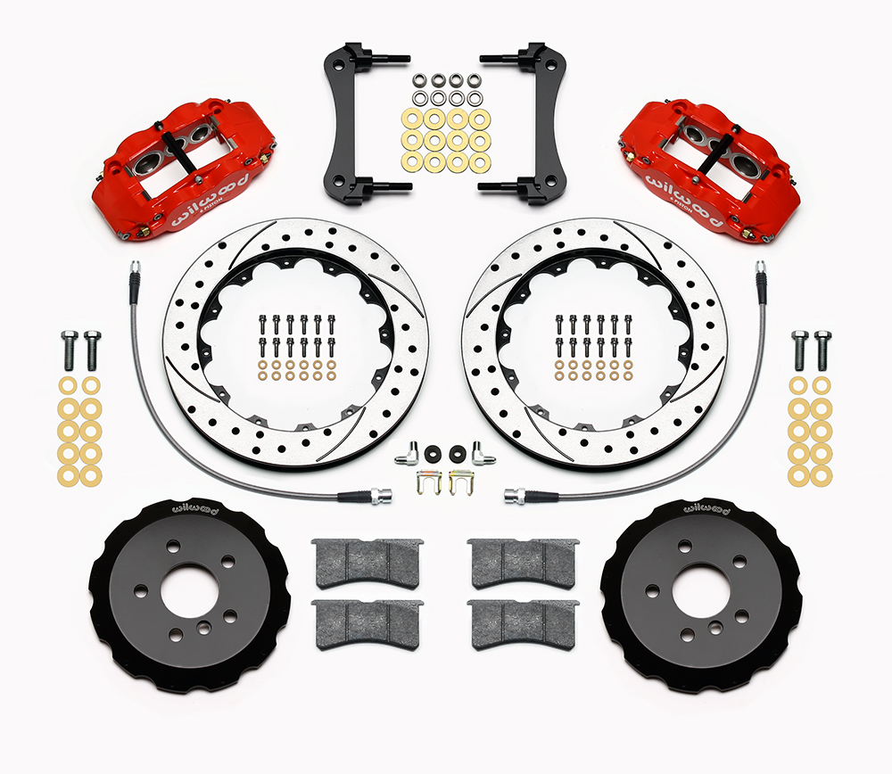 Wilwood Forged Narrow Superlite 6R Big Brake Front Brake Kit (Hat) Parts Laid Out - Red Powder Coat Caliper - SRP Drilled & Slotted Rotor