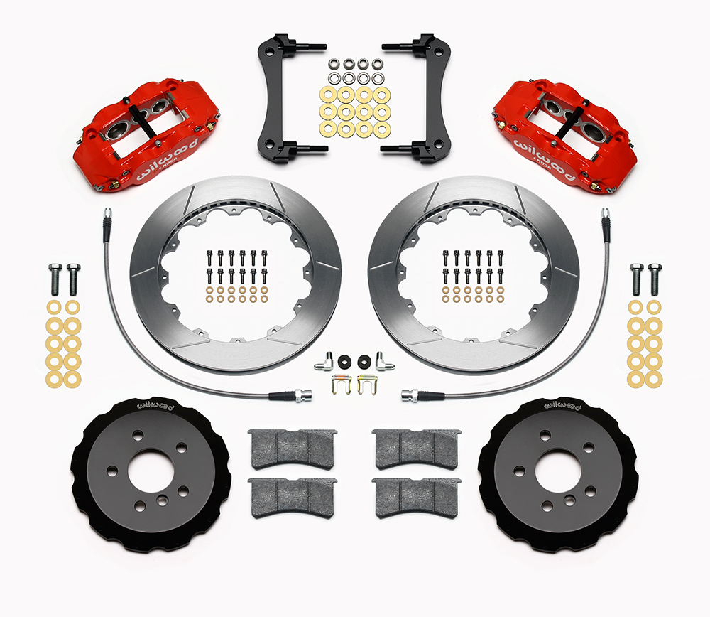 Wilwood Forged Narrow Superlite 6R Big Brake Front Brake Kit (Hat) Parts Laid Out - Red Powder Coat Caliper - GT Slotted Rotor