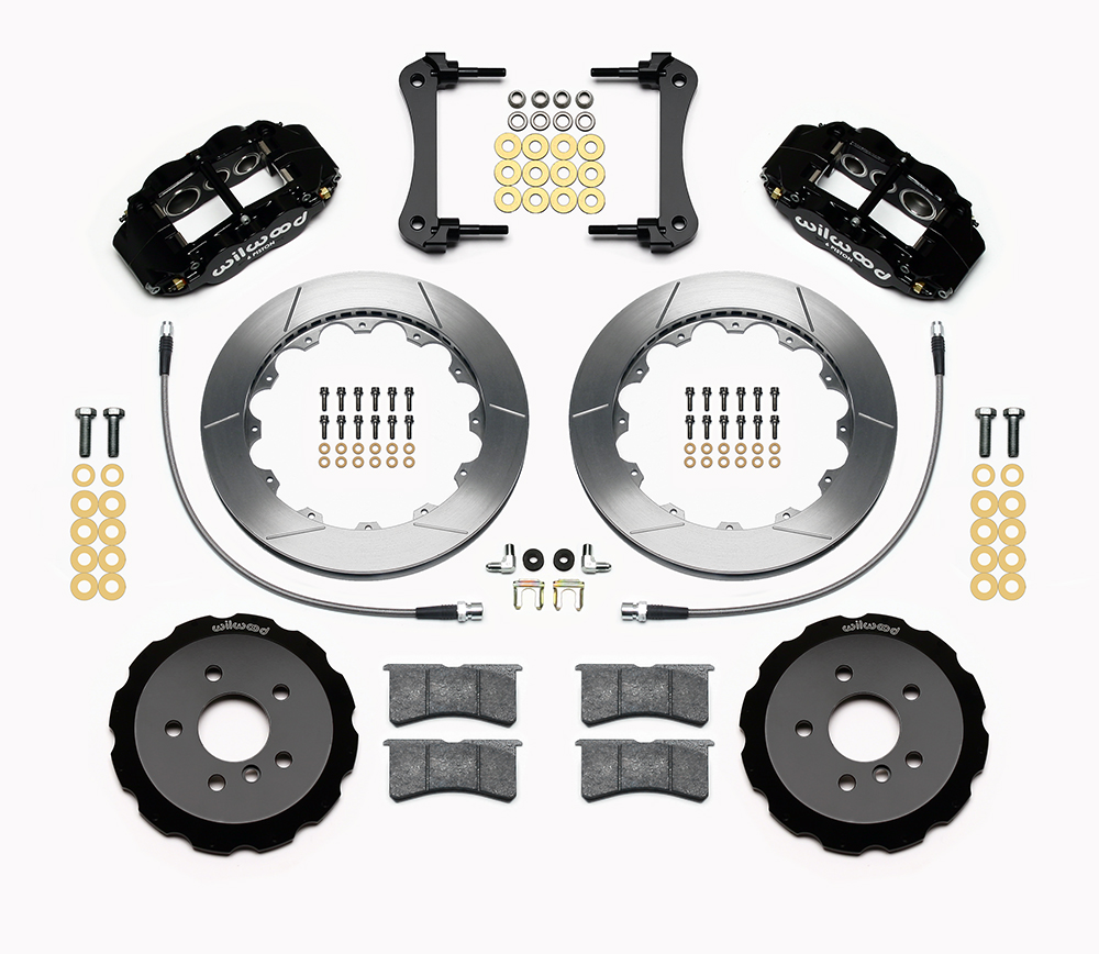 Wilwood Forged Narrow Superlite 6R Big Brake Front Brake Kit (Hat) Parts Laid Out - Black Powder Coat Caliper - GT Slotted Rotor