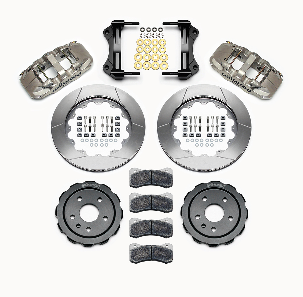 Wilwood AERO6 Big Brake Front Brake Kit (Race) Parts Laid Out - Nickel Plate Caliper - GT Slotted Rotor