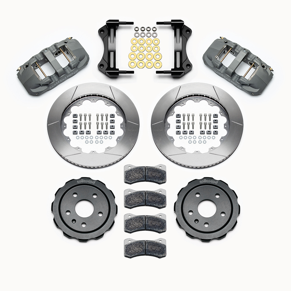 Wilwood AERO6 Big Brake Front Brake Kit (Race) Parts Laid Out - Type III Anodize Caliper - GT Slotted Rotor