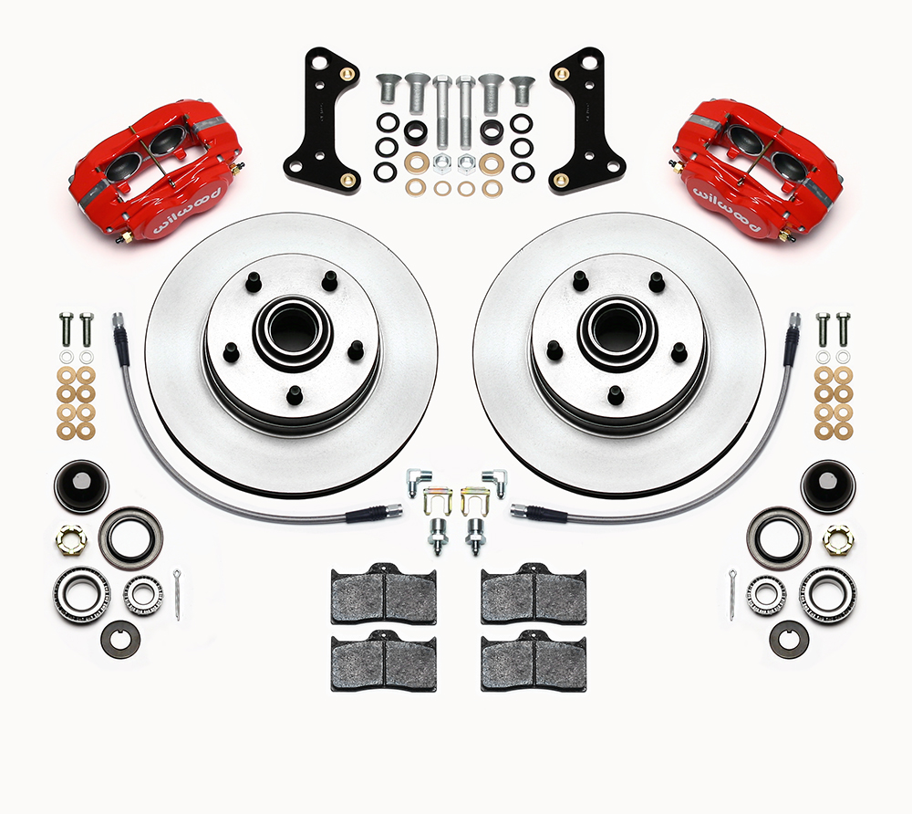 Wilwood Classic Series Dynalite Front Brake Kit Parts Laid Out - Red Powder Coat Caliper - Plain Face Rotor