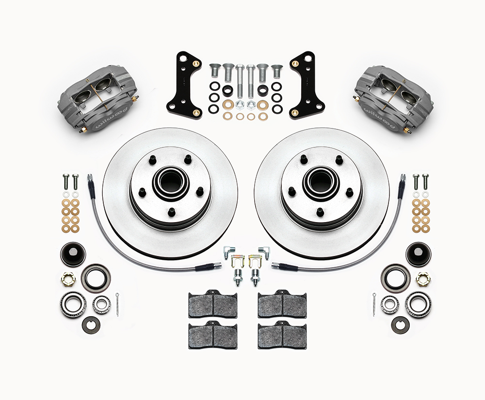 Wilwood Classic Series Dynalite Front Brake Kit Parts Laid Out - Type III Anodize Caliper - Plain Face Rotor