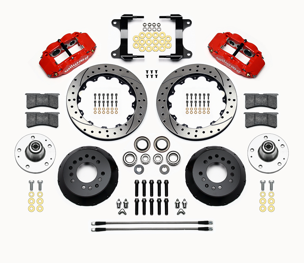 Wilwood Forged Narrow Superlite 6R Big Brake Front Brake Kit (Hub) Parts Laid Out - Red Powder Coat Caliper - SRP Drilled & Slotted Rotor