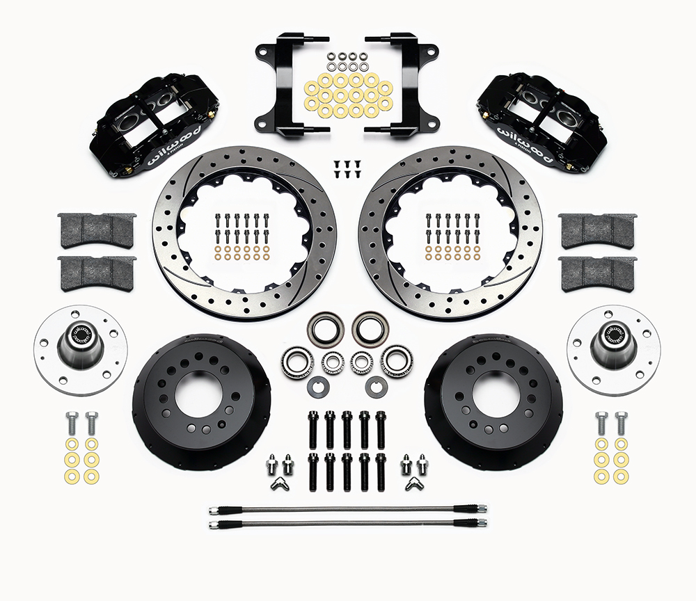 Wilwood Forged Narrow Superlite 6R Big Brake Front Brake Kit (Hub) Parts Laid Out - Black Powder Coat Caliper - SRP Drilled & Slotted Rotor