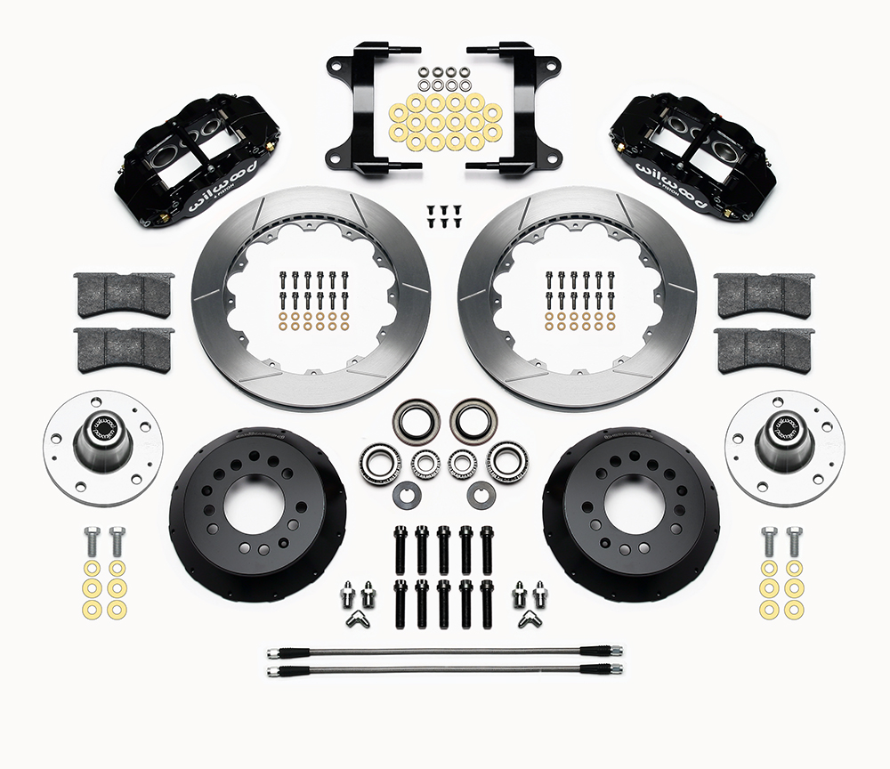 Wilwood Forged Narrow Superlite 6R Big Brake Front Brake Kit (Hub) Parts Laid Out - Black Powder Coat Caliper - GT Slotted Rotor