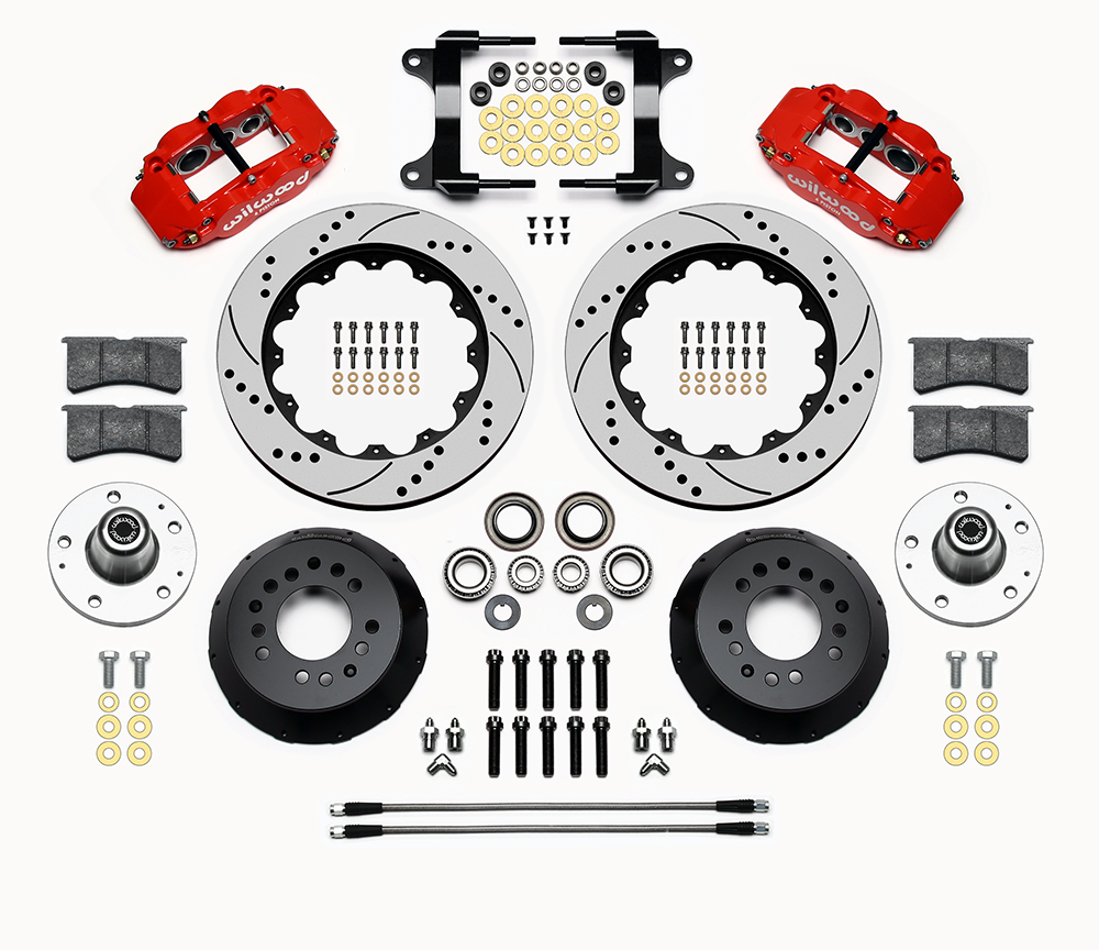 Wilwood Forged Narrow Superlite 6R Big Brake Front Brake Kit (Hub) Parts Laid Out - Red Powder Coat Caliper - SRP Drilled & Slotted Rotor