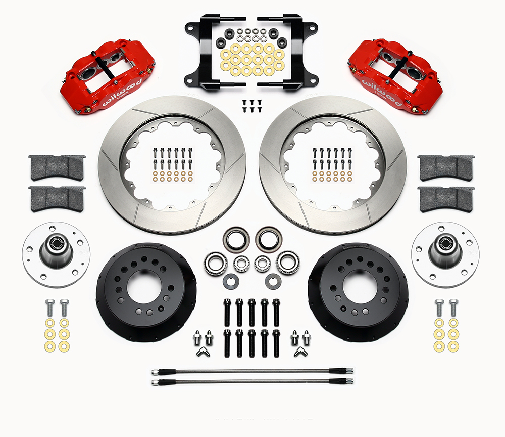 Wilwood Forged Narrow Superlite 6R Big Brake Front Brake Kit (Hub) Parts Laid Out - Red Powder Coat Caliper - GT Slotted Rotor