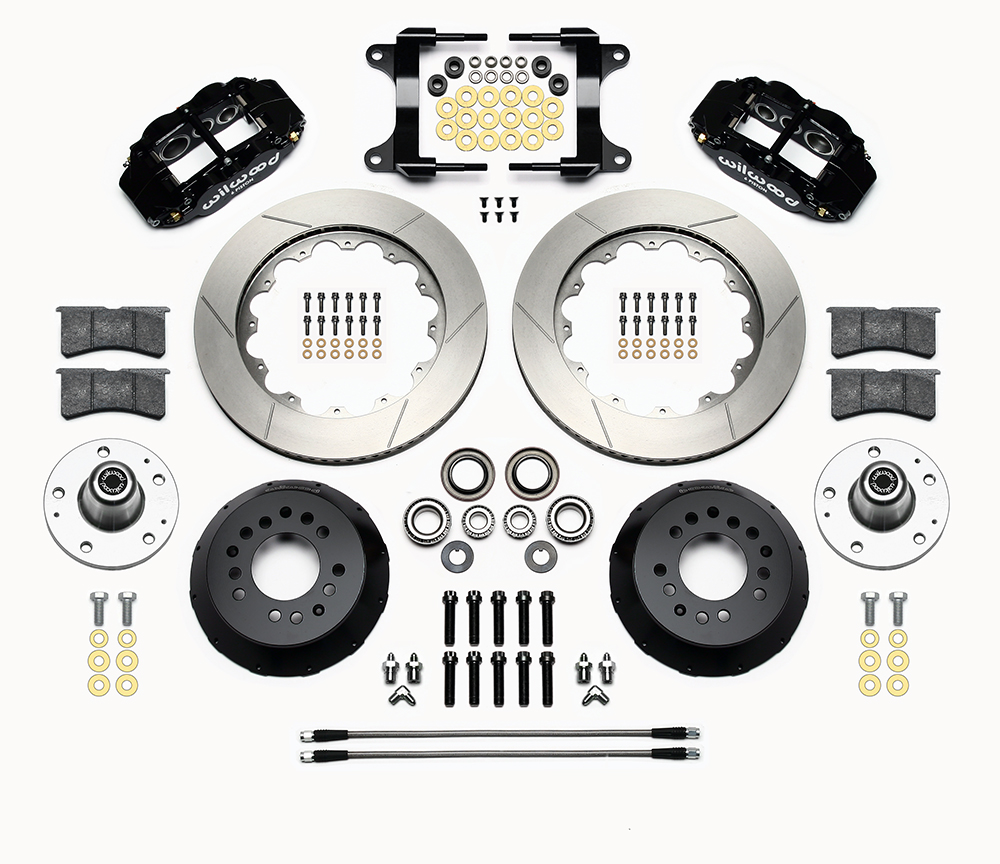 Wilwood Forged Narrow Superlite 6R Big Brake Front Brake Kit (Hub) Parts Laid Out - Black Powder Coat Caliper - GT Slotted Rotor