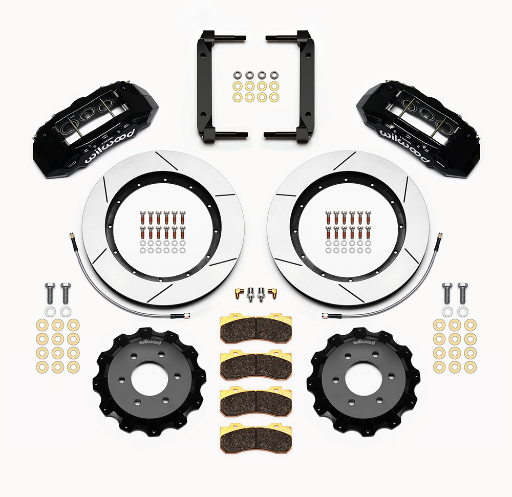 Wilwood TX6R Big Brake Truck Front Brake Kit Parts Laid Out - Black Powder Coat Caliper - GT Slotted Rotor