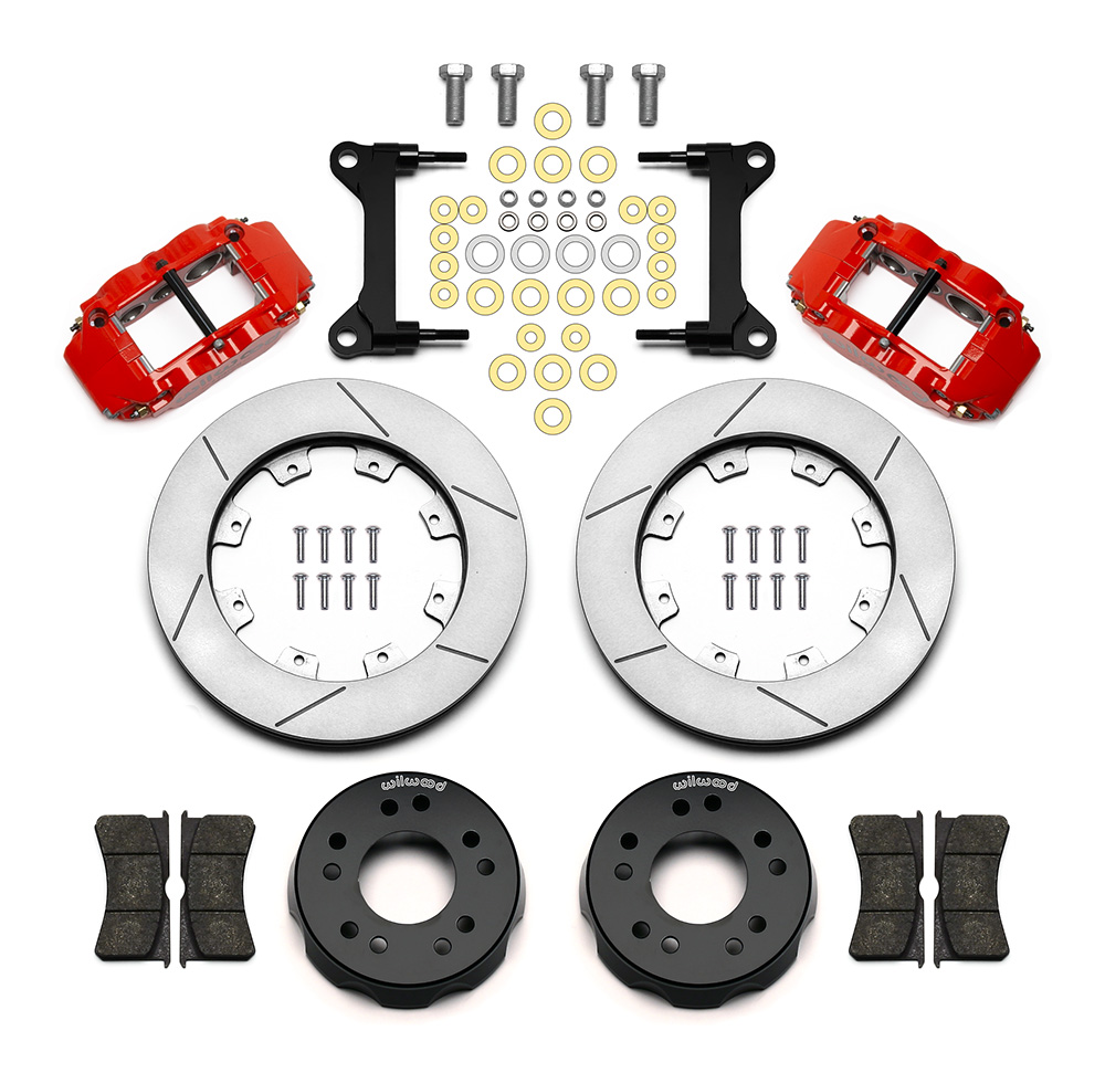 Wilwood Forged Narrow Superlite 6R Big Brake Front Brake Kit (Hat) Parts Laid Out - Red Powder Coat Caliper - GT Slotted Rotor
