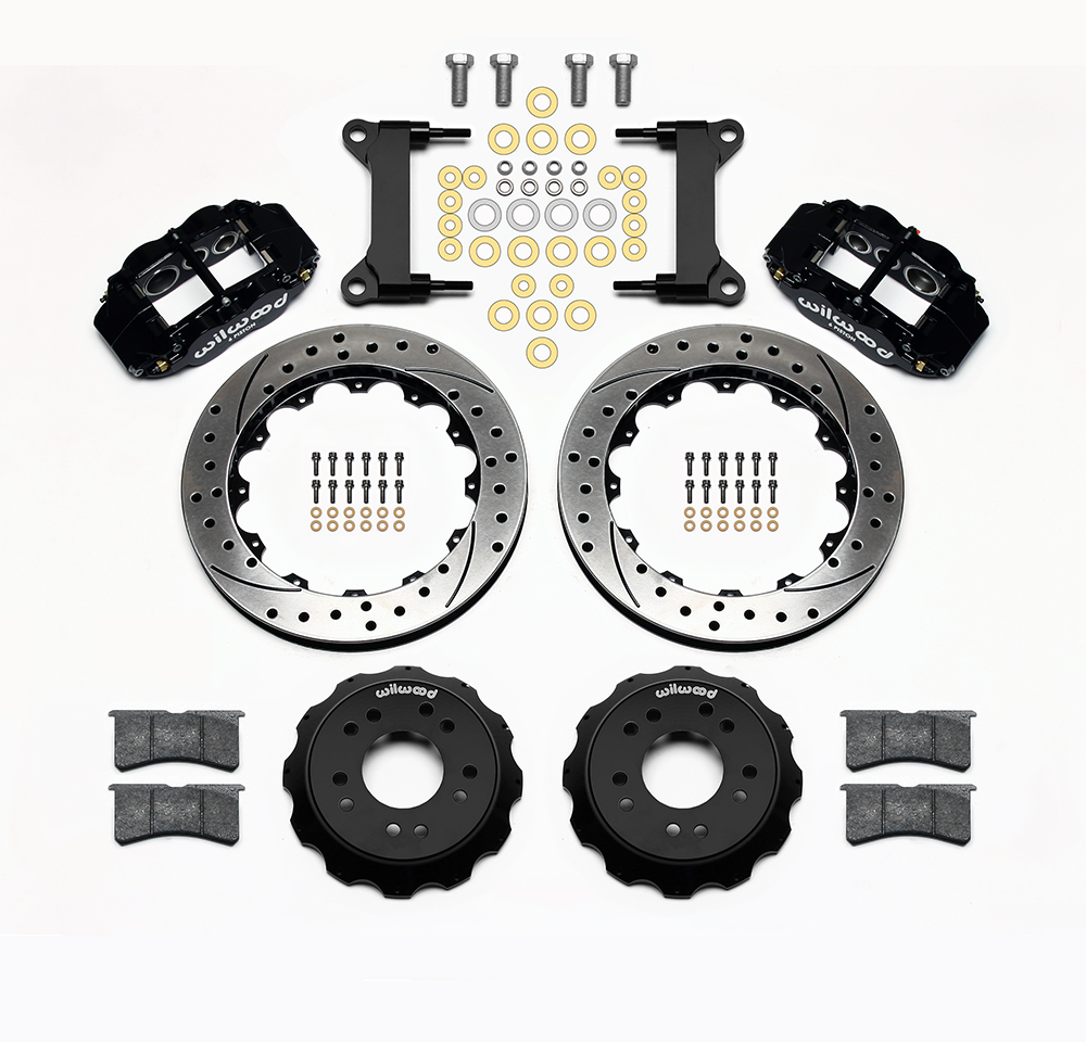 Wilwood Forged Narrow Superlite 6R Big Brake Front Brake Kit (Hat) Parts Laid Out - Black Powder Coat Caliper - SRP Drilled & Slotted Rotor