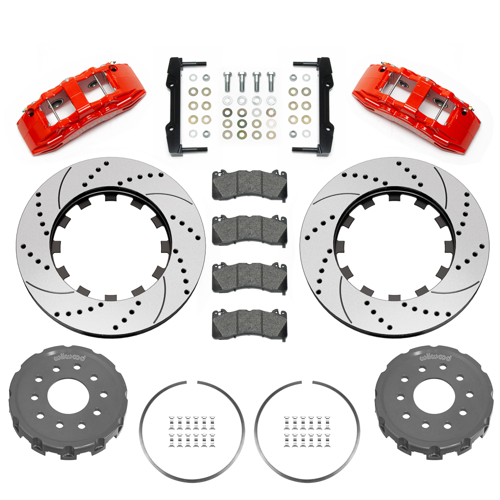 Wilwood SX6R Big Brake Dynamic Front Brake Kit Parts Laid Out - Red Powder Coat Caliper - SRP Drilled & Slotted Rotor