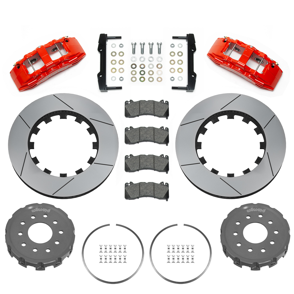 Wilwood SX6R Big Brake Dynamic Front Brake Kit Parts Laid Out - Red Powder Coat Caliper - GT Slotted Rotor