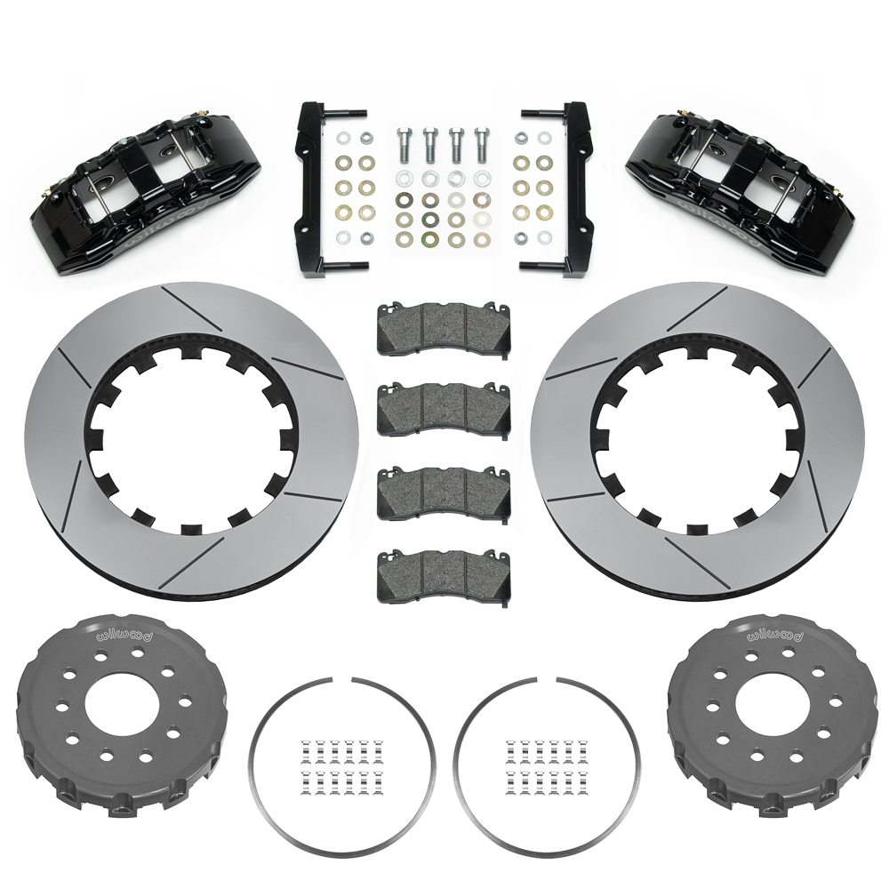 Wilwood SX6R Big Brake Dynamic Front Brake Kit Parts Laid Out - Black Powder Coat Caliper - GT Slotted Rotor