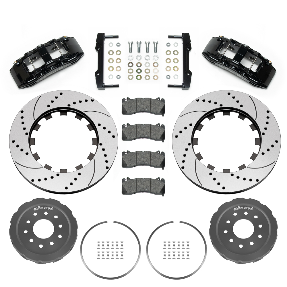 Wilwood SX6R Big Brake Dynamic Front Brake Kit Parts Laid Out - Black Powder Coat Caliper - SRP Drilled & Slotted Rotor