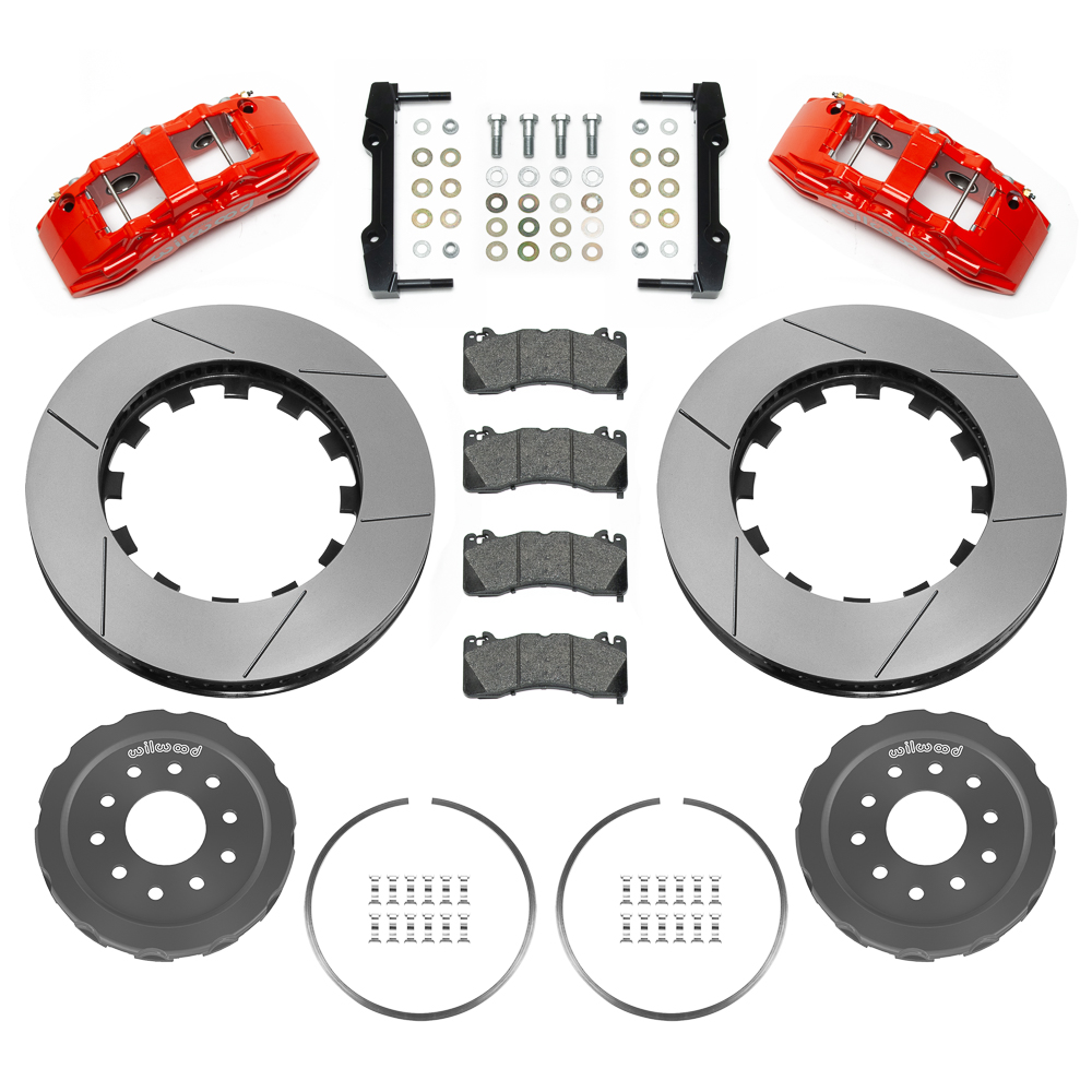 Wilwood SX6R Big Brake Dynamic Front Brake Kit Parts Laid Out - Red Powder Coat Caliper - GT Slotted Rotor