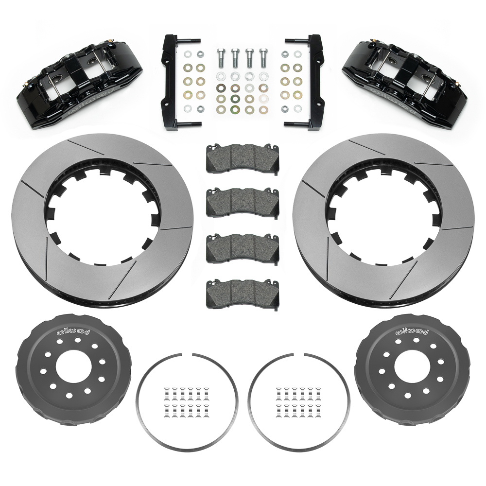 Wilwood SX6R Big Brake Dynamic Front Brake Kit Parts Laid Out - Black Powder Coat Caliper - GT Slotted Rotor