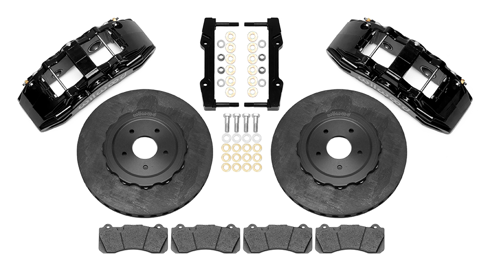 Wilwood SX6R WCCB Carbon-Ceramic Big Brake Front Brake Kit Parts Laid Out - Black Powder Coat Caliper - Plain Face Rotor