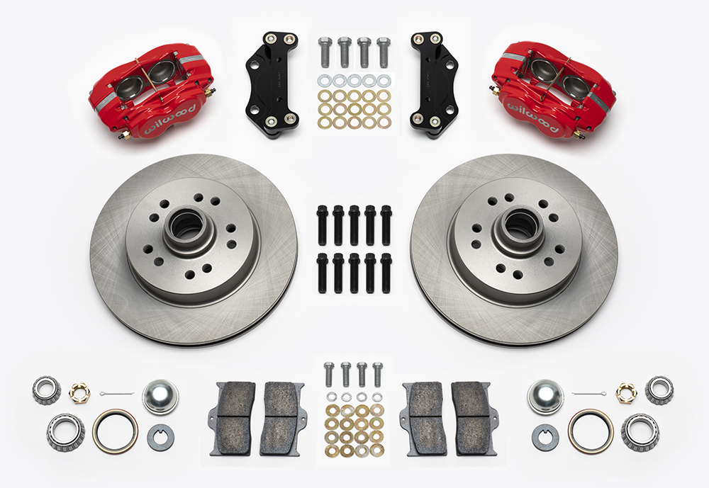 Wilwood Classic Series Dynalite Front Brake Kit Parts Laid Out - Red Powder Coat Caliper - Plain Face Rotor