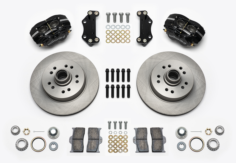 Wilwood Classic Series Dynalite Front Brake Kit Parts Laid Out - Black Powder Coat Caliper - Plain Face Rotor