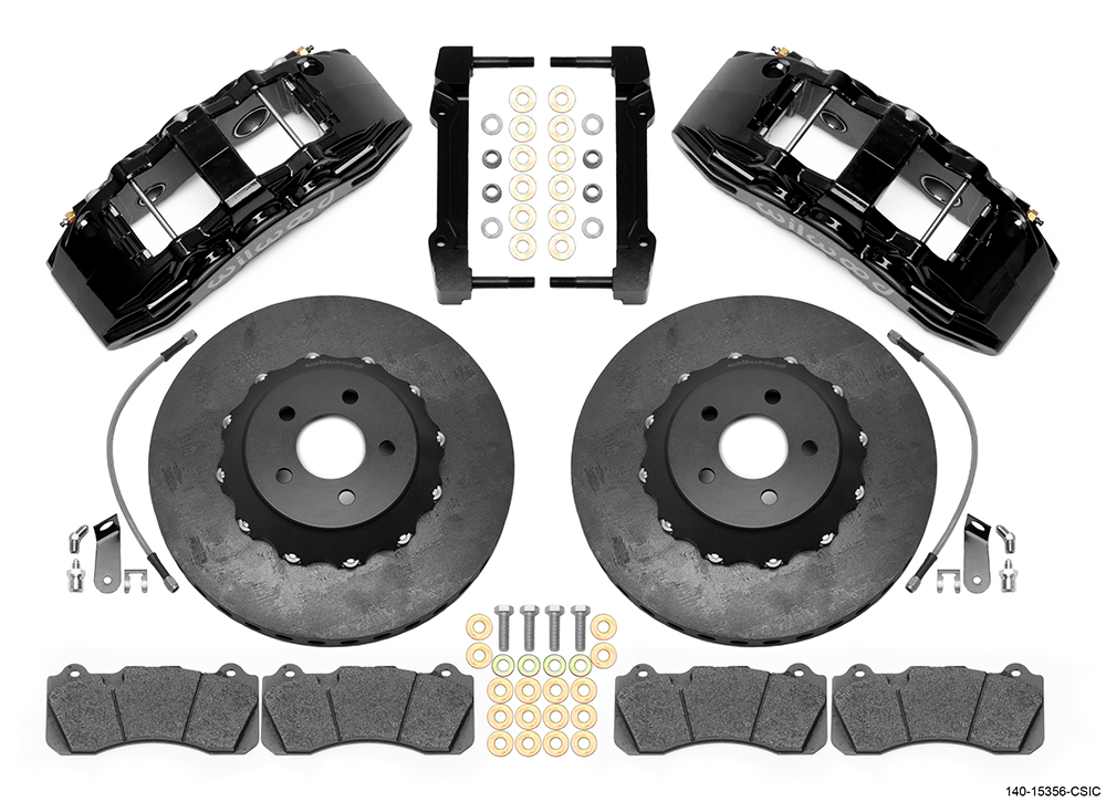 Wilwood SX6R WCCB Carbon-Ceramic Big Brake Front Brake Kit Parts Laid Out - Black Powder Coat Caliper - Plain Face Rotor