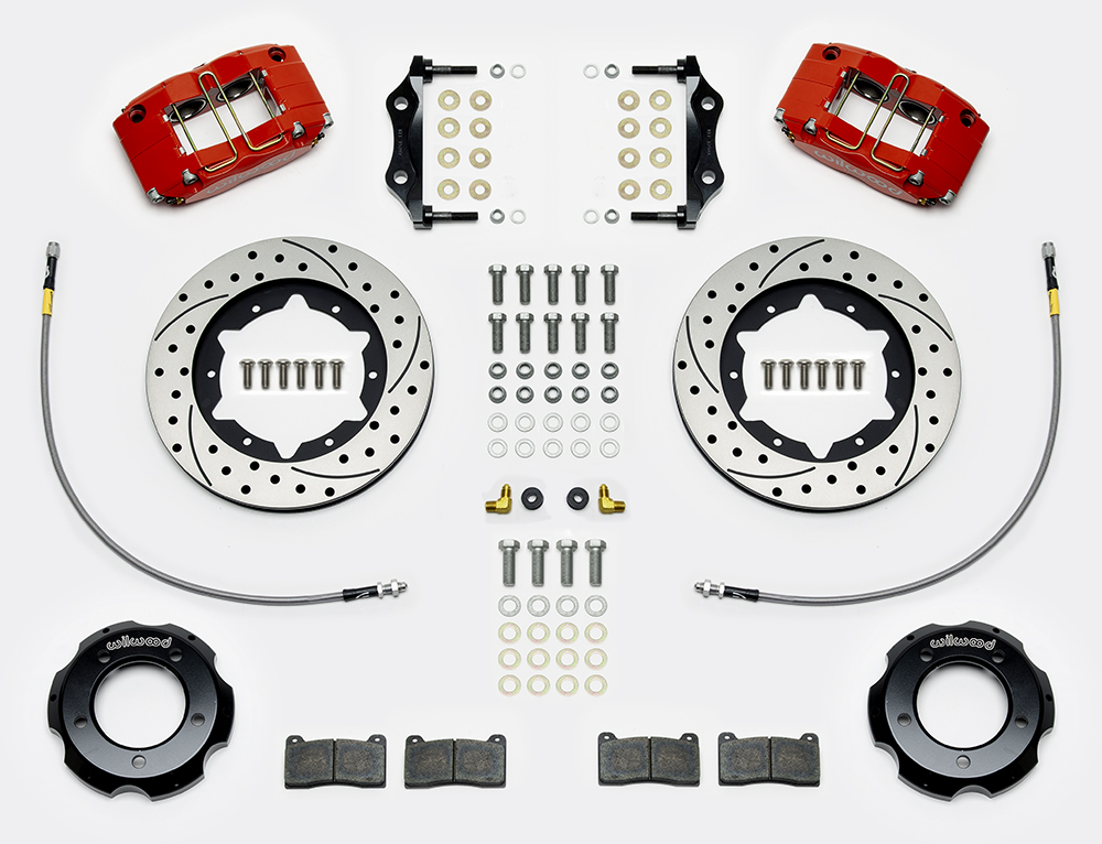 Wilwood Dynapro Radial Big Brake Front Brake Kit (Hat) Parts Laid Out - Red Powder Coat Caliper - SRP Drilled & Slotted Rotor