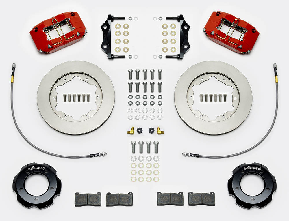 Wilwood Dynapro Radial Big Brake Front Brake Kit (Hat) Parts Laid Out - Red Powder Coat Caliper - Plain Face Rotor