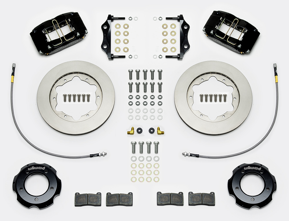 Wilwood Dynapro Radial Big Brake Front Brake Kit (Hat) Parts Laid Out - Black Powder Coat Caliper - Plain Face Rotor