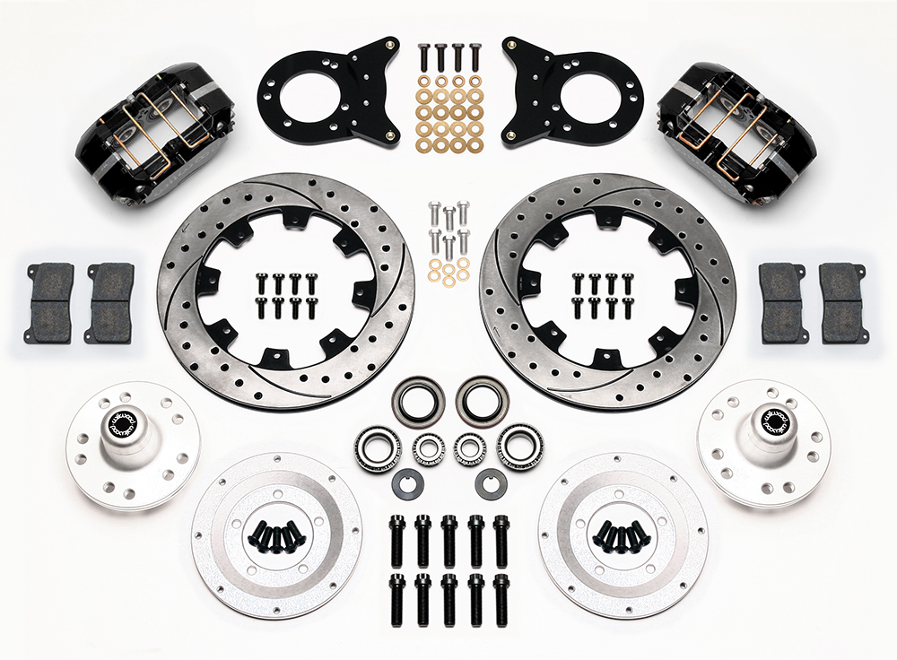 Wilwood Dynapro Dust-Boot Big Brake Front Brake Kit (Hub) Parts Laid Out - Black Powder Coat Caliper - SRP Drilled & Slotted Rotor