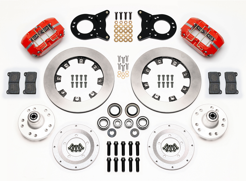 Wilwood Dynapro Dust-Boot Big Brake Front Brake Kit (Hub) Parts Laid Out - Red Powder Coat Caliper - Plain Face Rotor