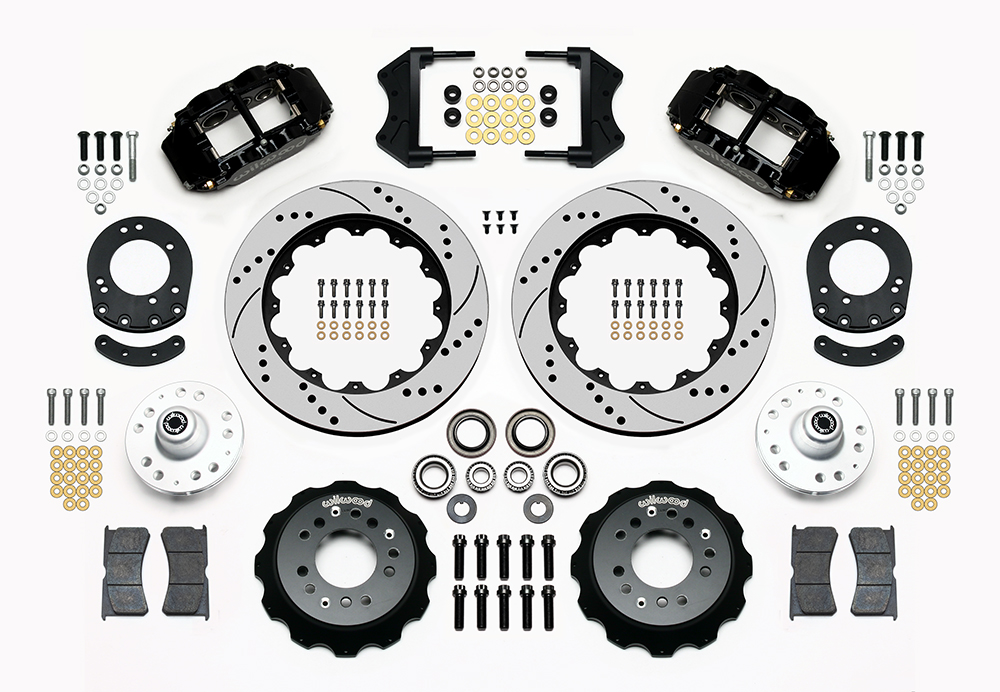 Wilwood Forged Narrow Superlite 6R Dust-Seal Big Brake Front Brake Kit (Hub) Parts Laid Out - Black Powder Coat Caliper - SRP Drilled & Slotted Rotor