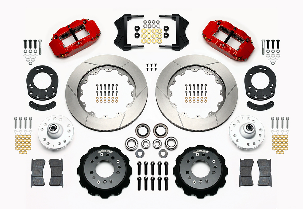 Wilwood Forged Narrow Superlite 6R Dust-Seal Big Brake Front Brake Kit (Hub) Parts Laid Out - Red Powder Coat Caliper - GT Slotted Rotor