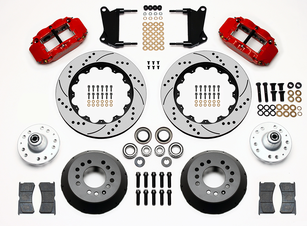 Wilwood Forged Narrow Superlite 6R Dust-Seal Big Brake Front Brake Kit (Hub) Parts Laid Out - Red Powder Coat Caliper - SRP Drilled & Slotted Rotor