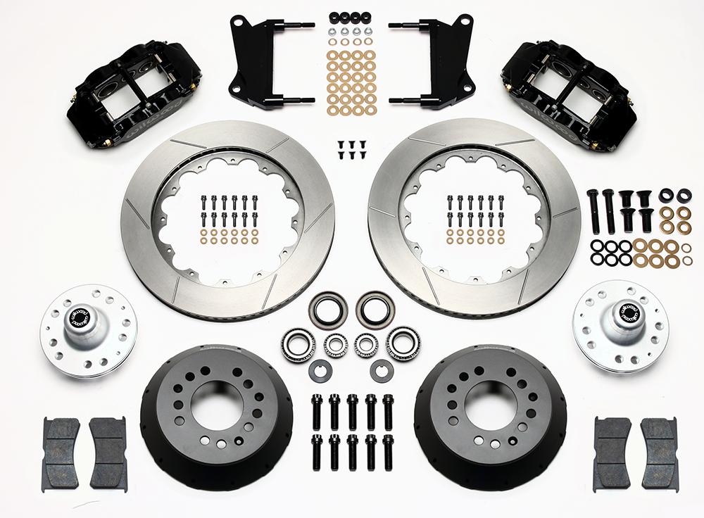 Wilwood Forged Narrow Superlite 6R Dust-Seal Big Brake Front Brake Kit (Hub) Parts Laid Out - Black Powder Coat Caliper - GT Slotted Rotor