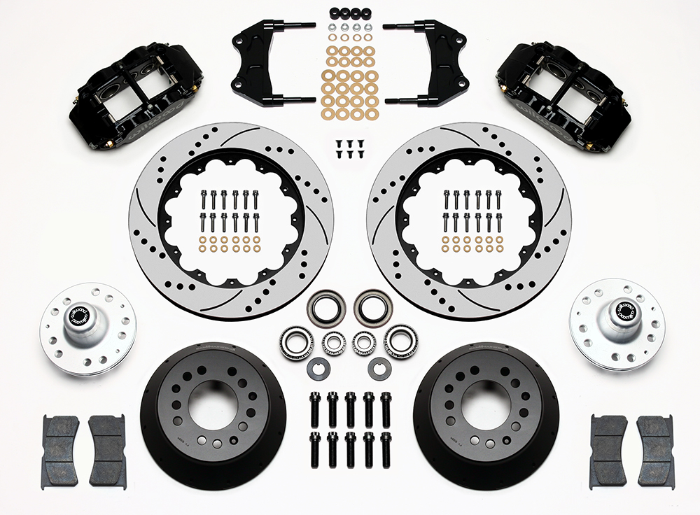 Wilwood Forged Narrow Superlite 6R Dust-Seal Big Brake Front Brake Kit (Hub) Parts Laid Out - Black Powder Coat Caliper - SRP Drilled & Slotted Rotor