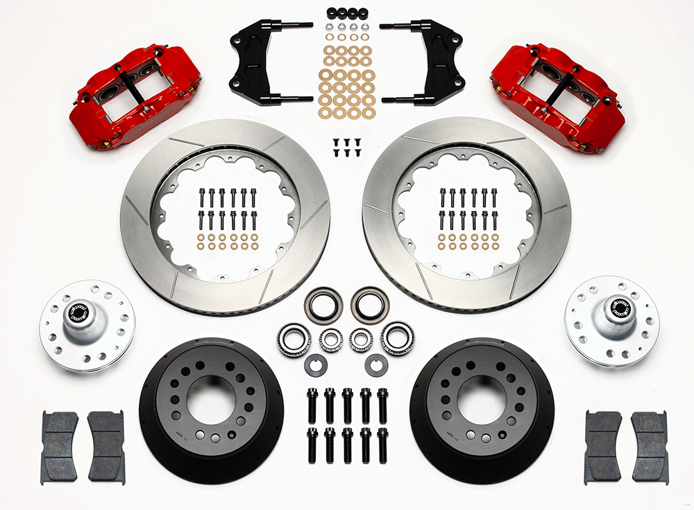 Wilwood Forged Narrow Superlite 6R Dust-Seal Big Brake Front Brake Kit (Hub) Parts Laid Out - Red Powder Coat Caliper - GT Slotted Rotor