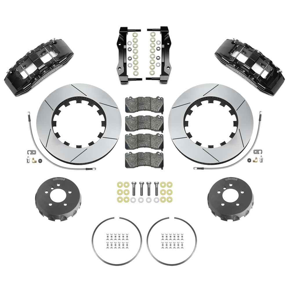 Wilwood SX6R Big Brake Dynamic Front Brake Kit Parts Laid Out - Black Powder Coat Caliper - GT Slotted Rotor