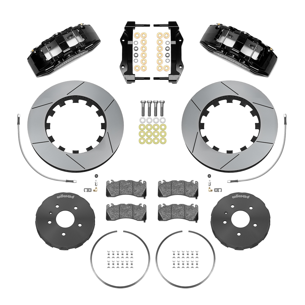 Wilwood SX6R Big Brake Dynamic Front Brake Kit Parts Laid Out - Black Powder Coat Caliper - GT Slotted Rotor