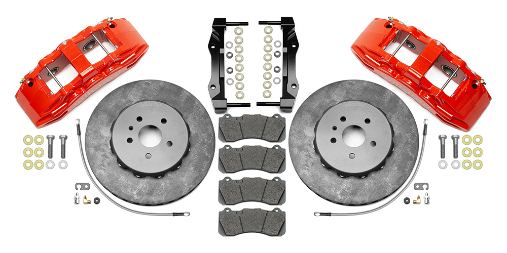 Wilwood SX6R WCCB Carbon-Ceramic Big Brake Front Brake Kit Parts Laid Out - Red Powder Coat Caliper - Plain Face Rotor