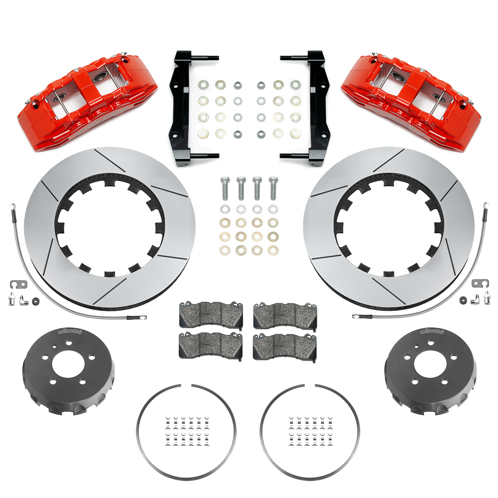 Wilwood SX6R Big Brake Dynamic Front Brake Kit Parts Laid Out - Red Powder Coat Caliper - GT Slotted Rotor