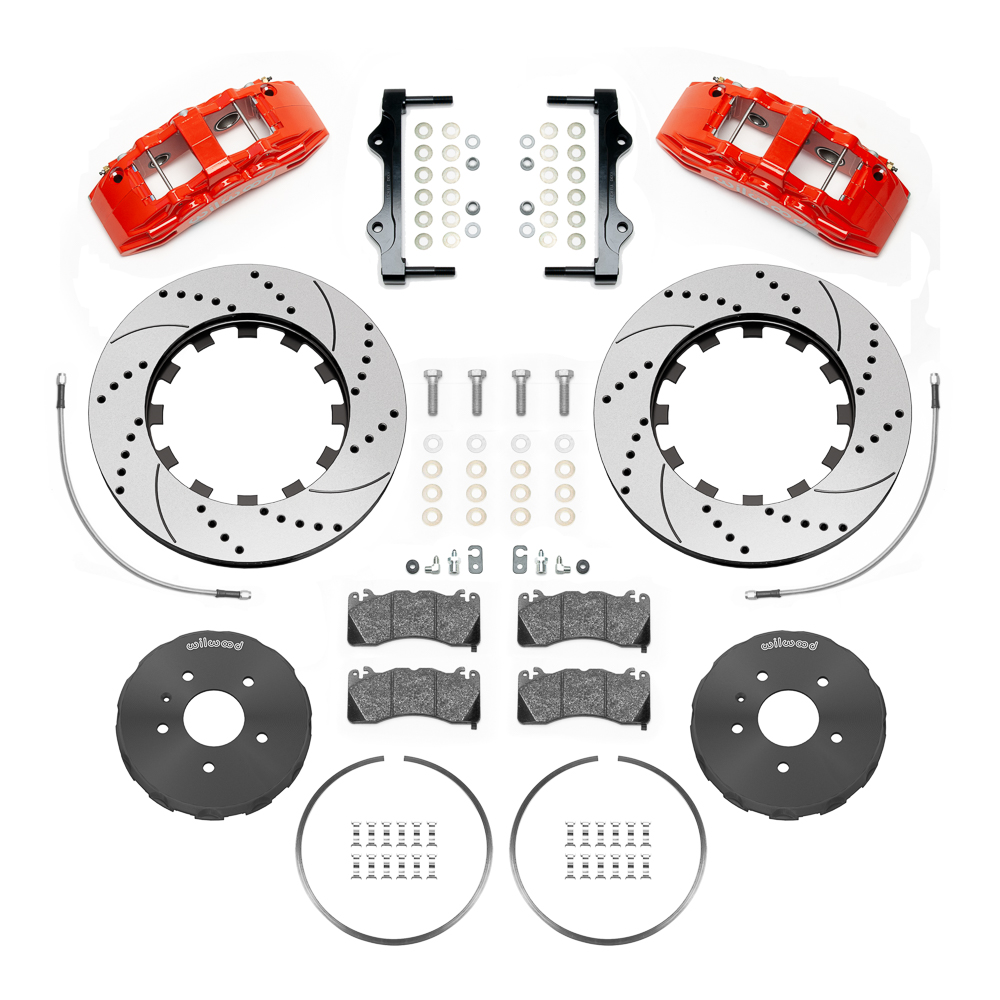 Wilwood SX6R Big Brake Dynamic Front Brake Kit Parts Laid Out - Red Powder Coat Caliper - SRP Drilled & Slotted Rotor