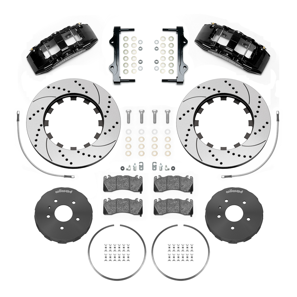 Wilwood SX6R Big Brake Dynamic Front Brake Kit Parts Laid Out - Black Powder Coat Caliper - SRP Drilled & Slotted Rotor