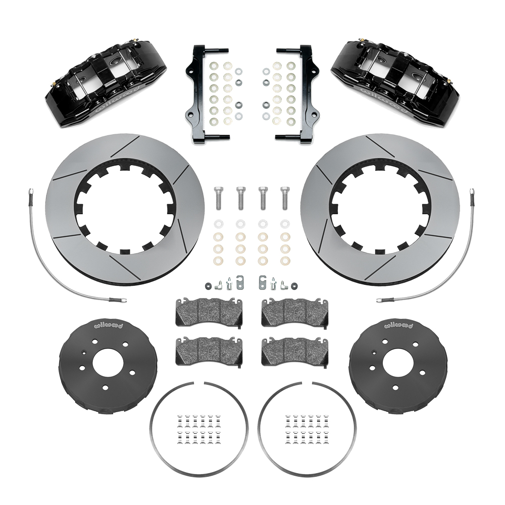 Wilwood SX6R Big Brake Dynamic Front Brake Kit Parts Laid Out - Black Powder Coat Caliper - GT Slotted Rotor