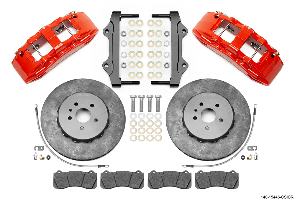 Wilwood SX6R WCCB Carbon-Ceramic Big Brake Front Brake Kit Parts Laid Out - Red Powder Coat Caliper - Plain Face Rotor