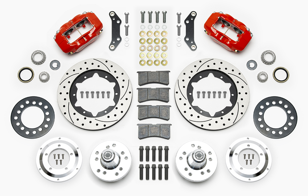 Wilwood Forged Dynalite Pro Series Front Brake Kit Parts Laid Out - Red Powder Coat Caliper - SRP Drilled & Slotted Rotor